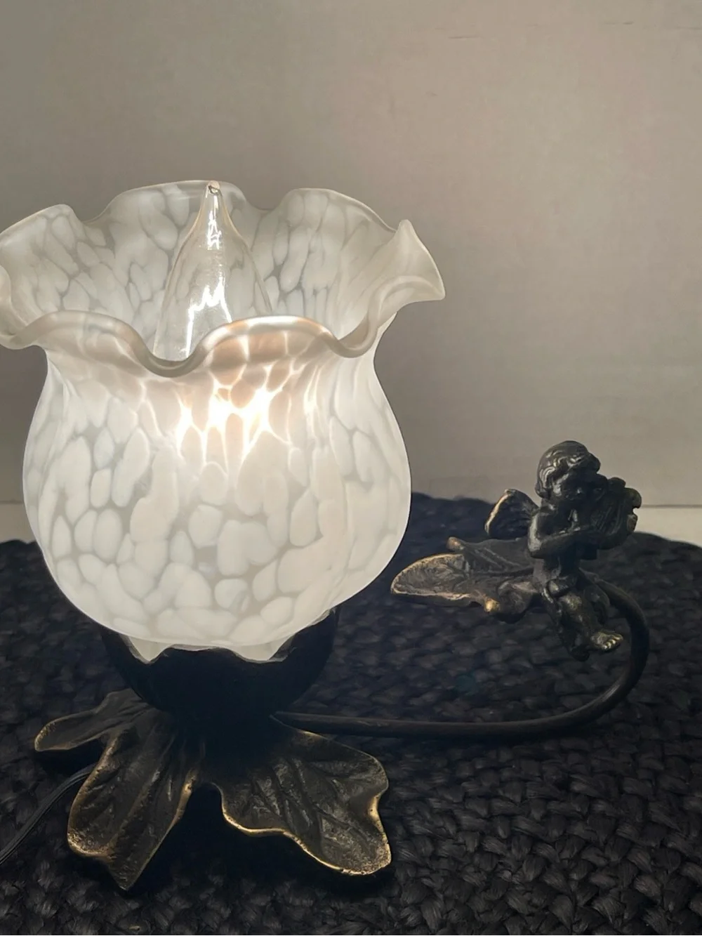 Small Cherub Decorative Frosted White Glass Flower Lamp with Bronze Accent